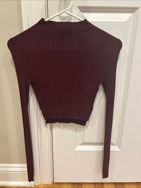 All Saints Deep Burgundy Ribbed Mock Neck Long Sleeve Crop